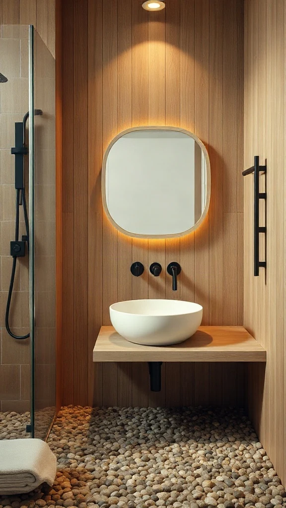 RoomToDo Cloud 3D Planner Japandi style bathroom with slatted oak paneling and vessel sink created in online bath design tool