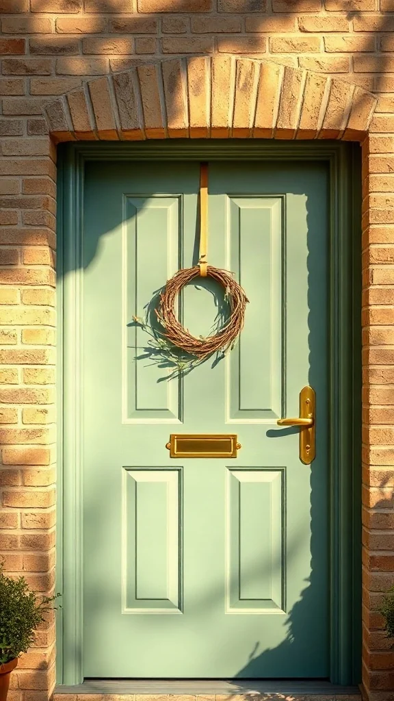 A sage green front door with modern brass hardware and an olive branch wreath set against cream brick.
