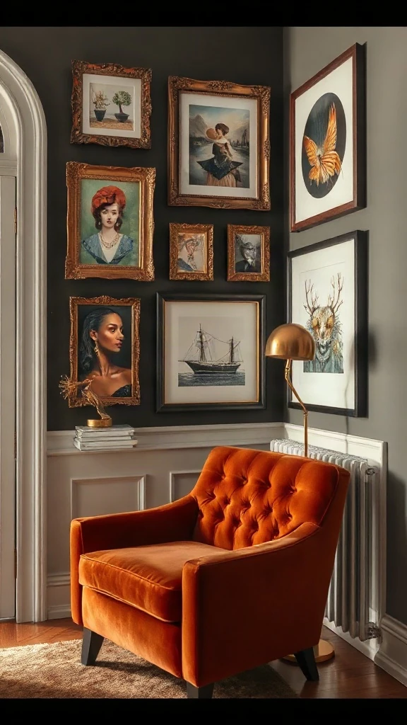 Eclectic salon gallery wall with rust velvet lounge chair and sculptural brass lamp.