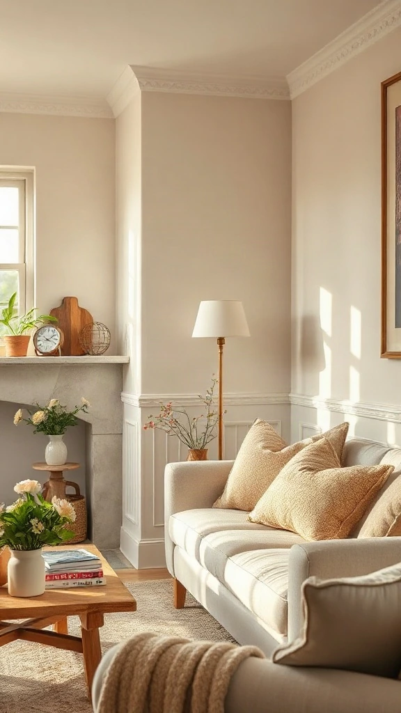 Subtle painted scalloped trim detailing along a picture rail in a neutral den. - Cozy Cottage Sitting