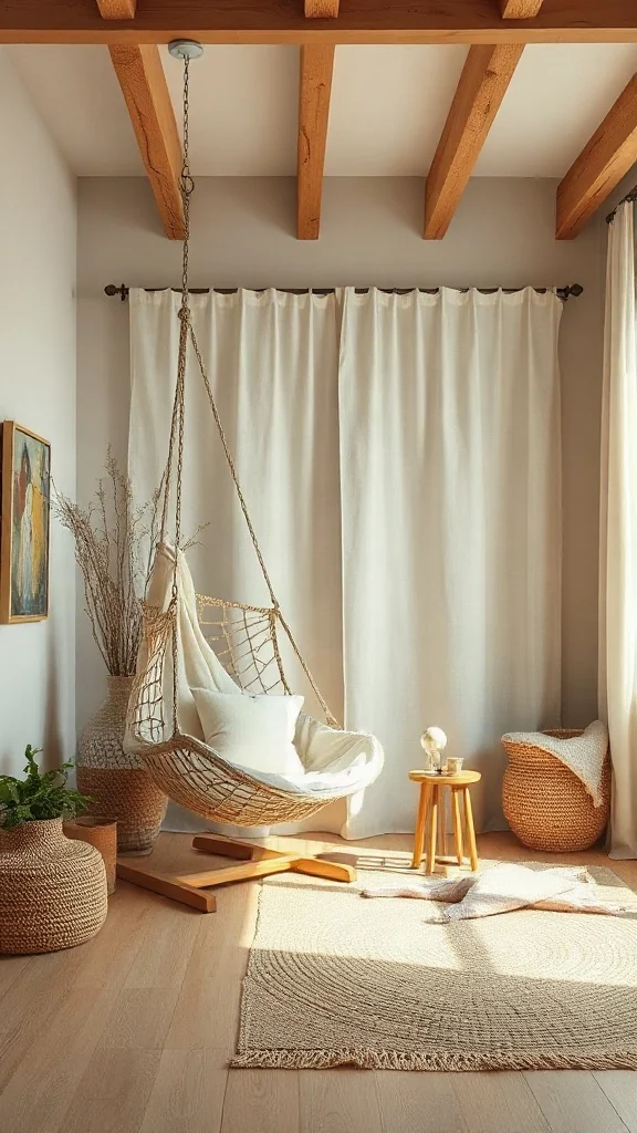 Canvas hanging chair suspended from ceiling beams over light oak floors in lounge.
