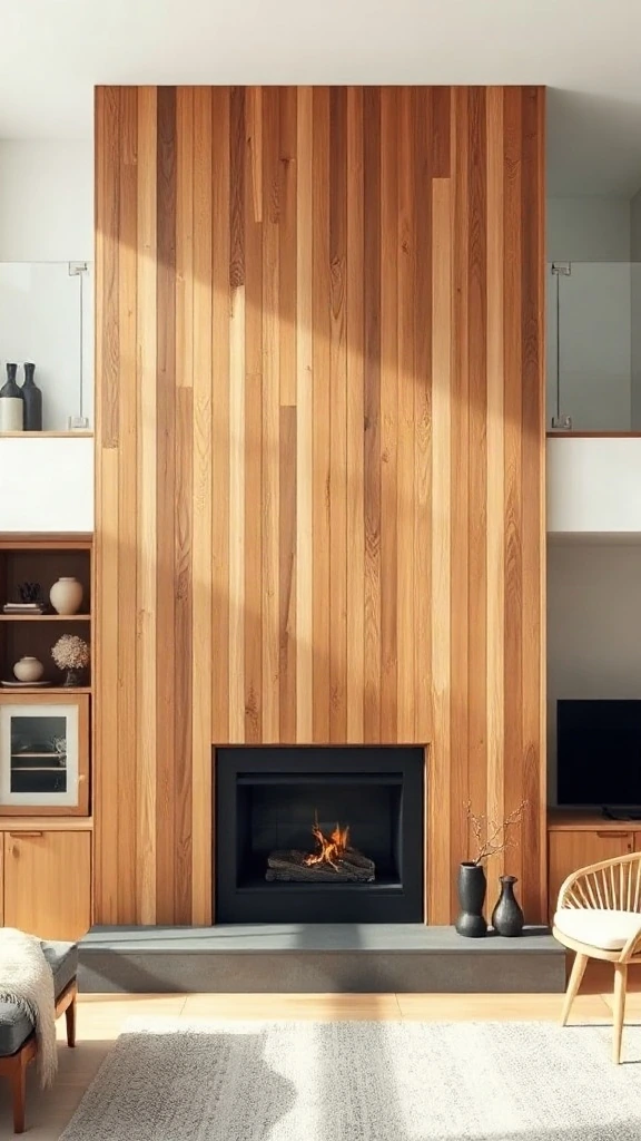 Two story fireplace ideas featuring thin vertical cedar slats and a black steel firebox.