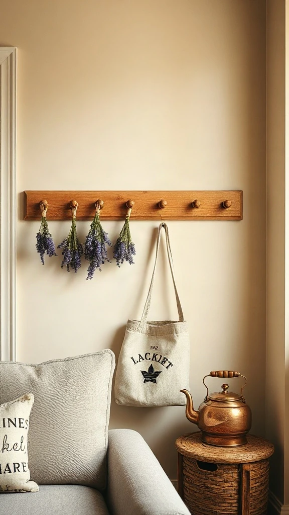 Wooden peg rail hung with dried lavender bundles and a vintage linen market bag. - Cozy Cottage Sitting