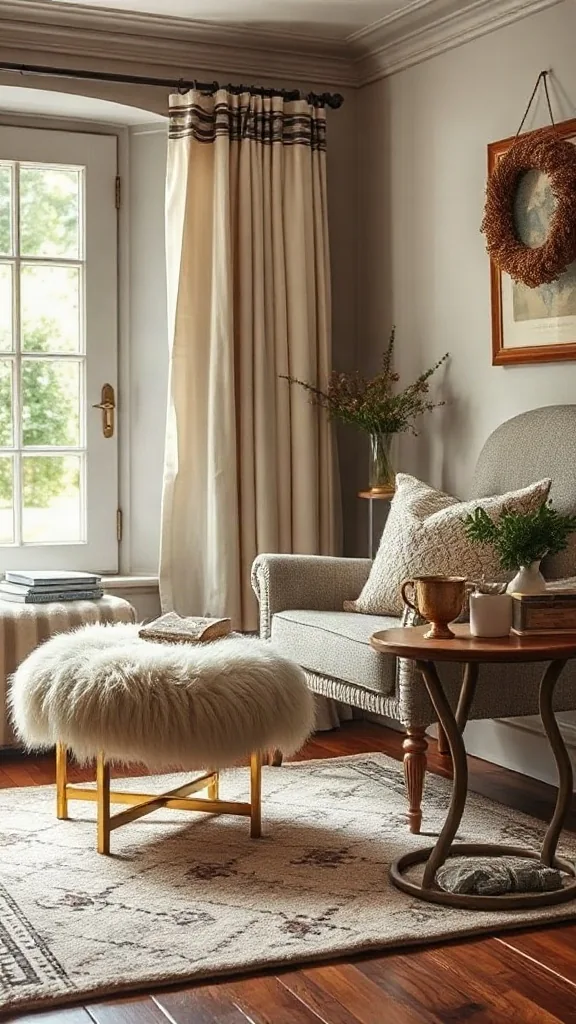Fluffy shearling footstool paired with a slim C-shaped brass side table. - Cozy Cottage Sitting