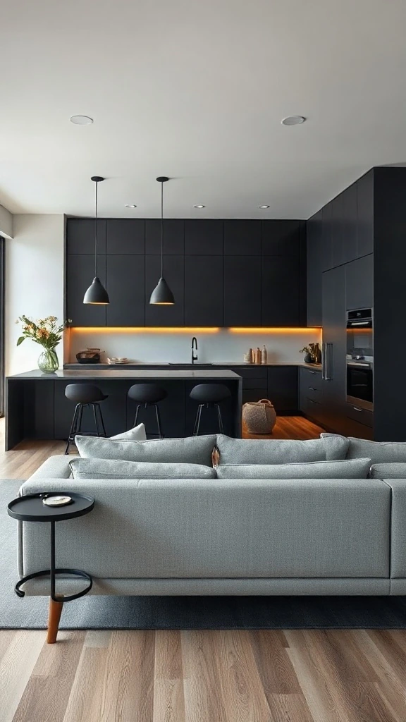 Single-wall matte black kitchen with parallel light sofa for open floor plans.