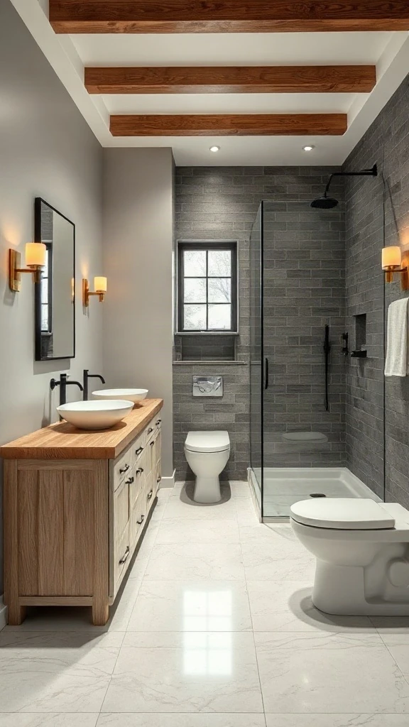 Single-wall master bathroom layout featuring a 72-inch white oak double vanity and matte black fixtures. - Master Bathroom Layouts