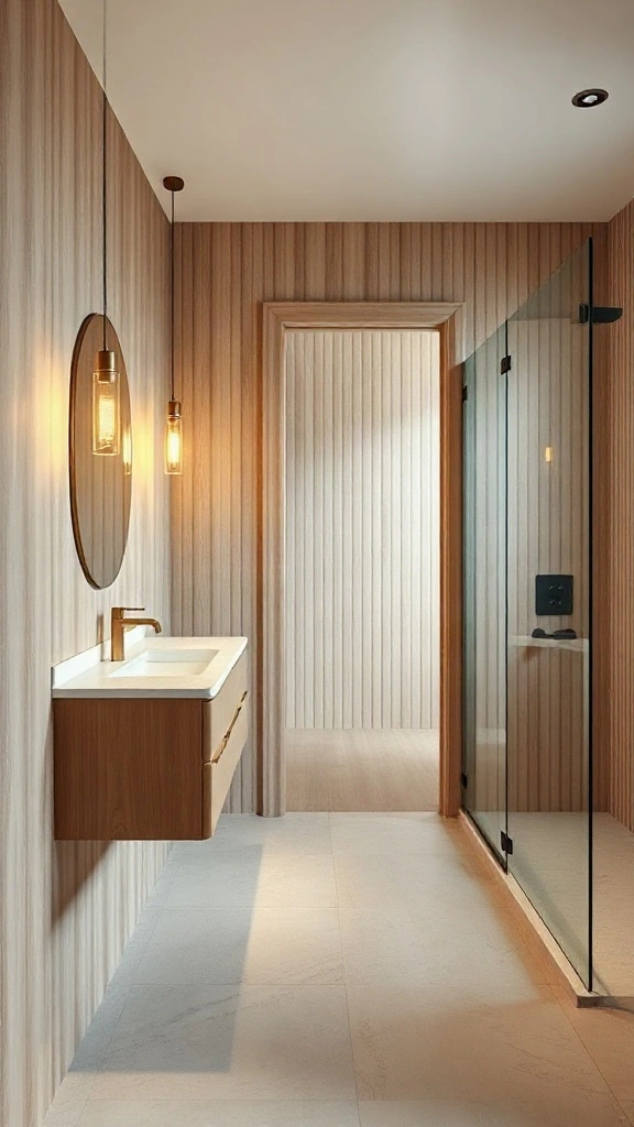 Single-wall plumbing rectangular master bathroom layout with white oak floating vanity and brass fixtures.