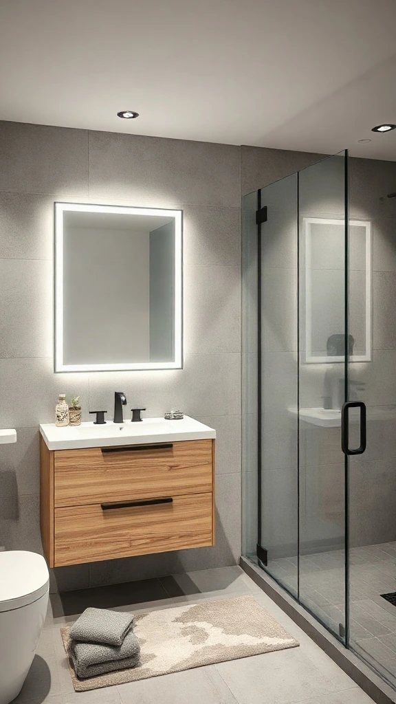 SketchUp Free 3D Modeling Minimalist white oak vanity and LED mirror created using an online bath design tool