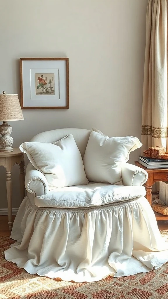 Deep armchair with a floor-length ruffled linen slipcover in a cottage lounge. - Cozy Cottage Sitting