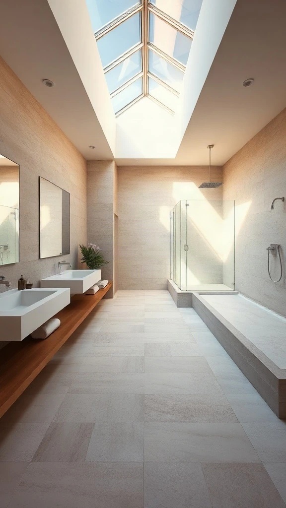 Skylight illuminating a long rectangular master bathroom layout with limestone tile floors.