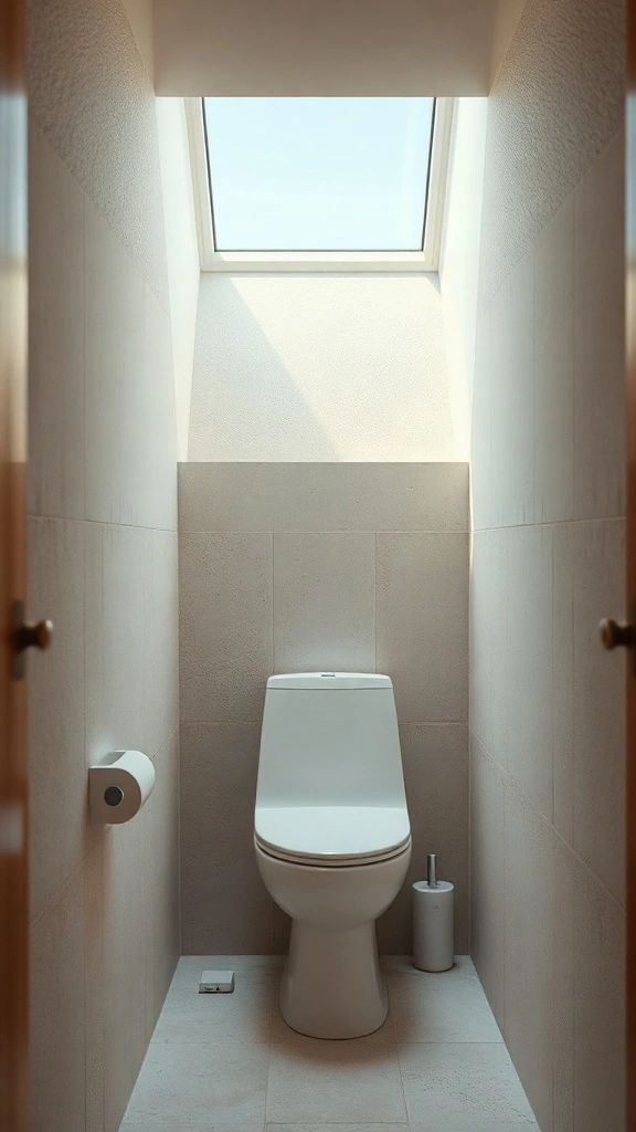 Sunlit water closet toilet layout with light streaming from an overhead skylight. - Modern Water Closet Floor Plan Layout - Modern Toilet Floor Plan Layout - Small Toilet Andamp; Water Closet Floor Plan Layout Ideas