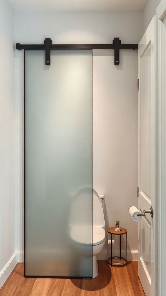 Compact water closet toilet layout enclosed by a black metal frosted glass sliding barn door. - Modern Water Closet Floor Plan Layout - Modern Toilet Floor Plan Layout - Small Toilet Andamp; Water Closet Floor Plan Layout Ideas