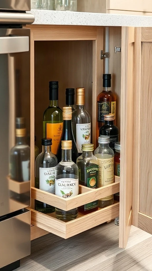 Slim six-inch pull-out pantry cabinet organizing spice jars and cooking oils beside a kitchen stove. - Studio Apartment Kitchen