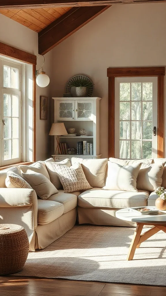 Relaxed oatmeal-colored linen slipcovered sofa in a sunlit cottage living room. - Cozy Cottage Sitting
