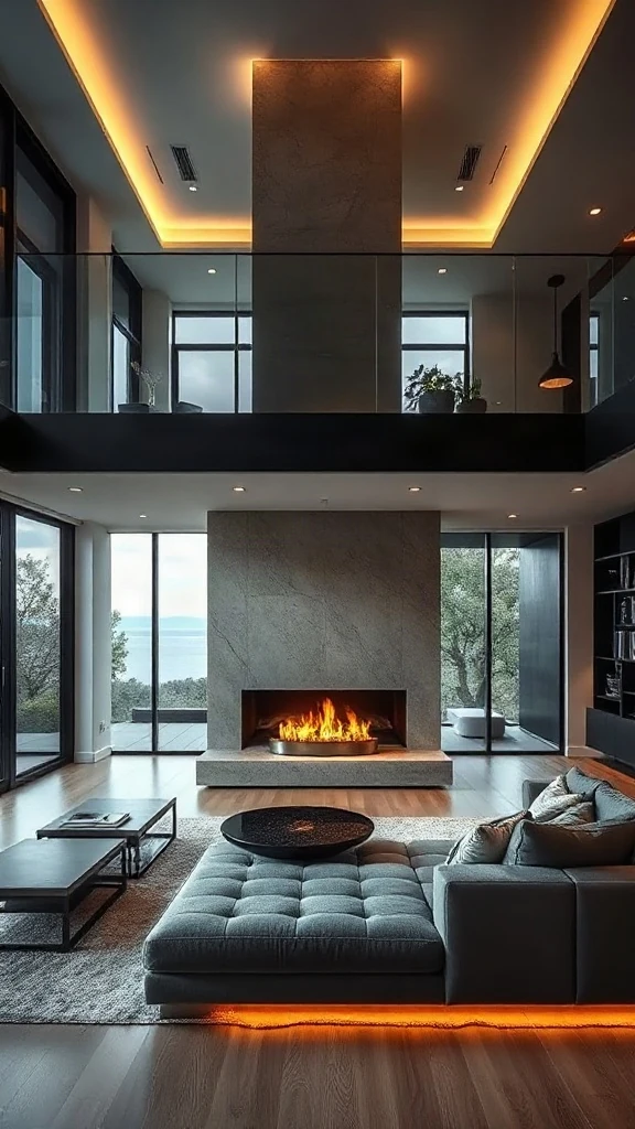 Two story fireplace ideas featuring an ultra-modern chimney chase in smoked bronze glass.