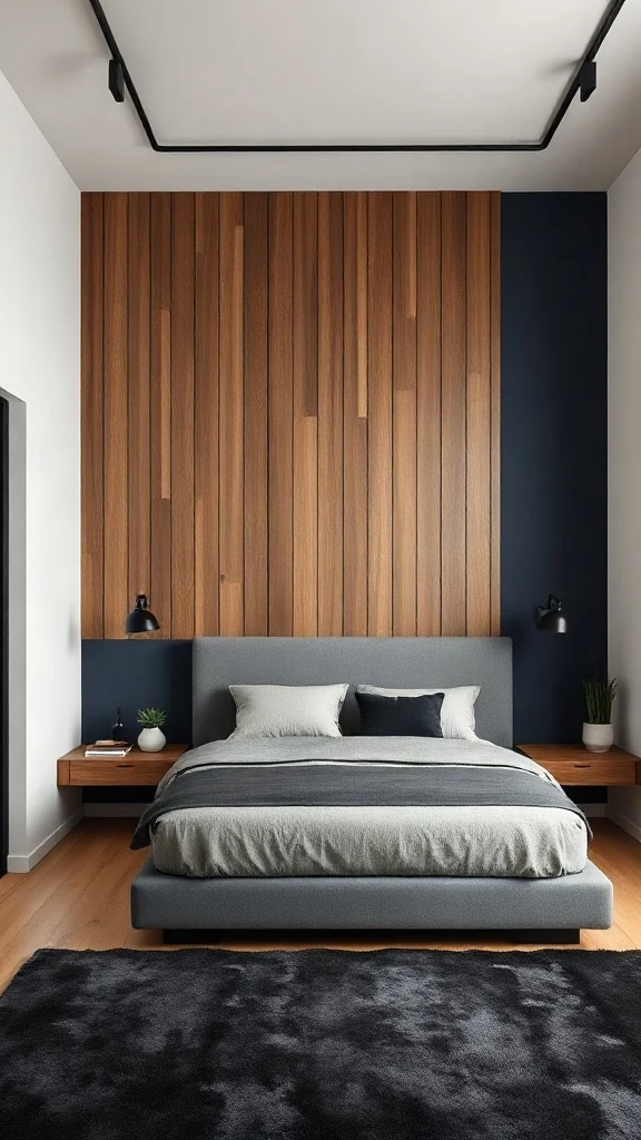 Vertical smoked oak acoustic slats over a deep navy accent wall in a modern master bedroom - Navy Blue Bedroom