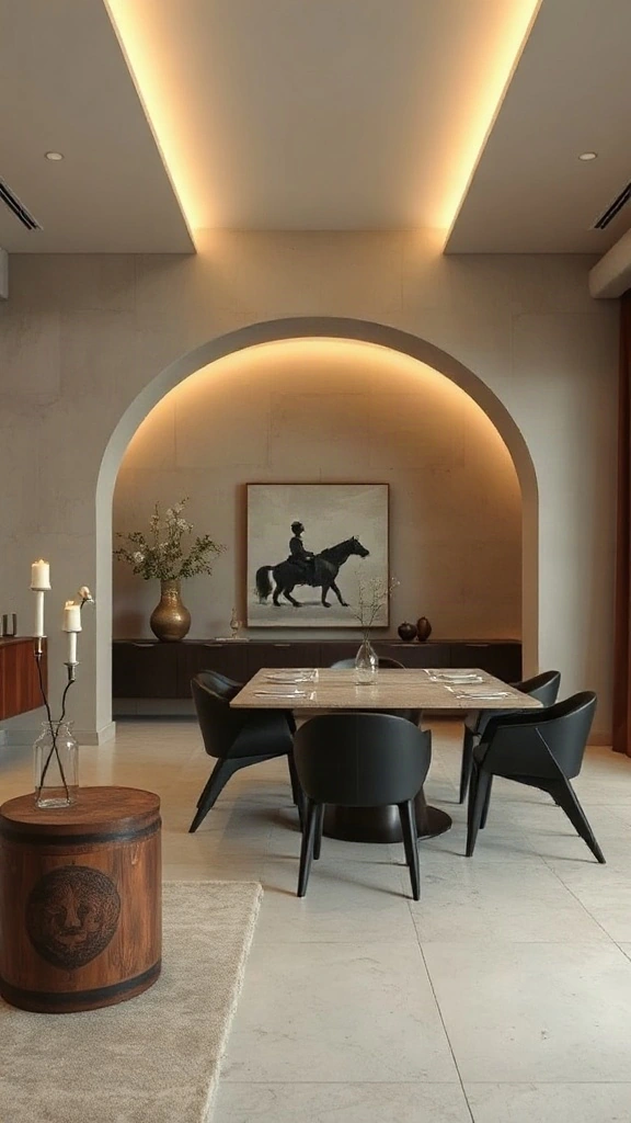Custom curved plaster archway with soft architectural lighting in a modern interior.