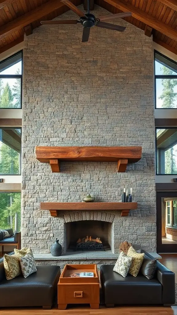 Two story fireplace ideas featuring split fieldstone masonry and a rustic cedar mantel.