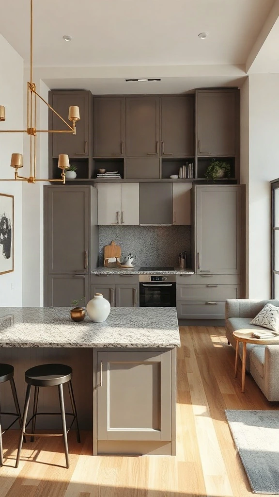 Split-level kitchen counter with raised granite breakfast bar and gray cabinets.