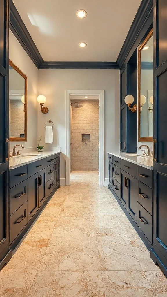 Galley corridor master bathroom layout with midnight blue shaker vanities on opposite walls. - Master Bathroom Layouts