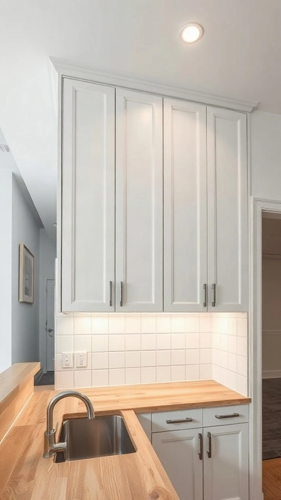 Matte white ceiling-height cabinets maximize vertical storage in a compact studio apartment kitchen layout.