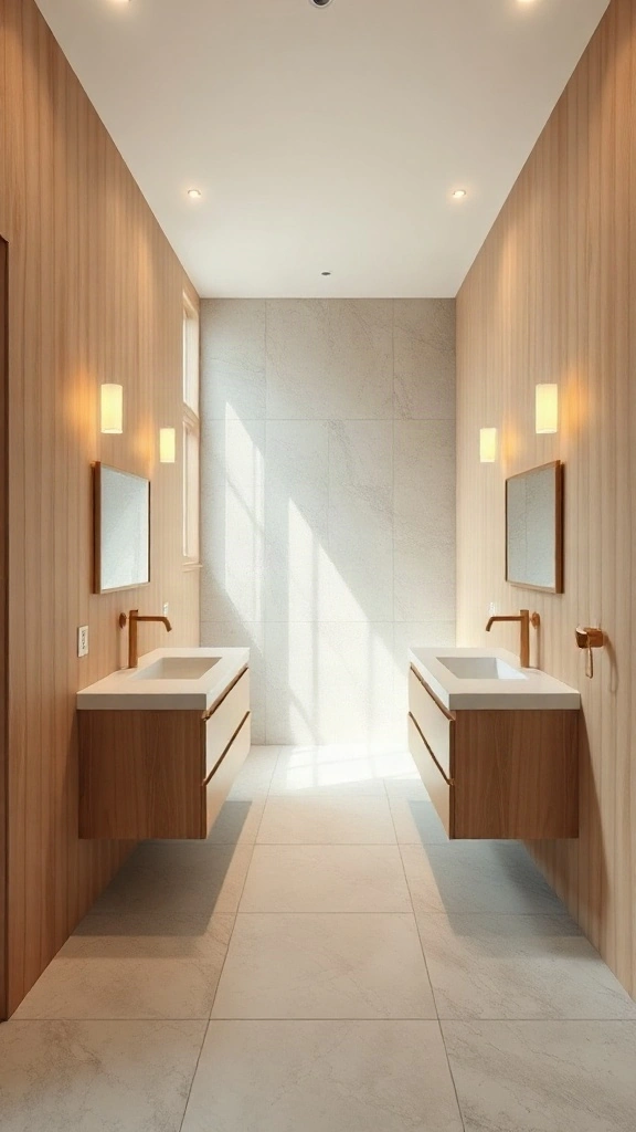Staggered white oak floating dual vanities in a narrow rectangular master bathroom layout.