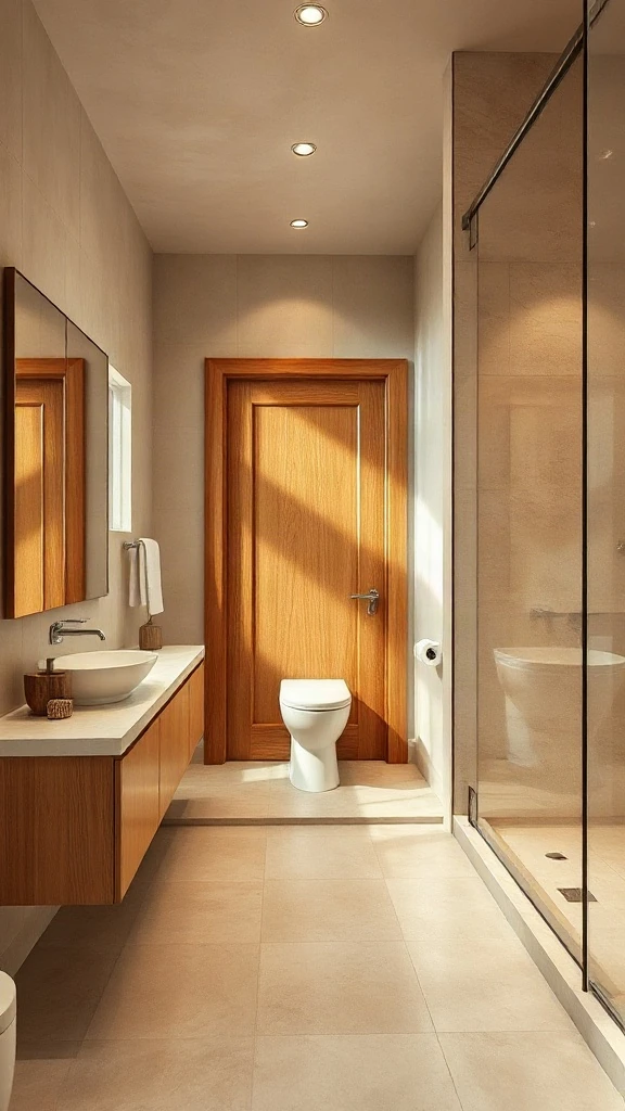 Long rectangular master bathroom layout with solid oak pocket door and staggered floating fixtures.