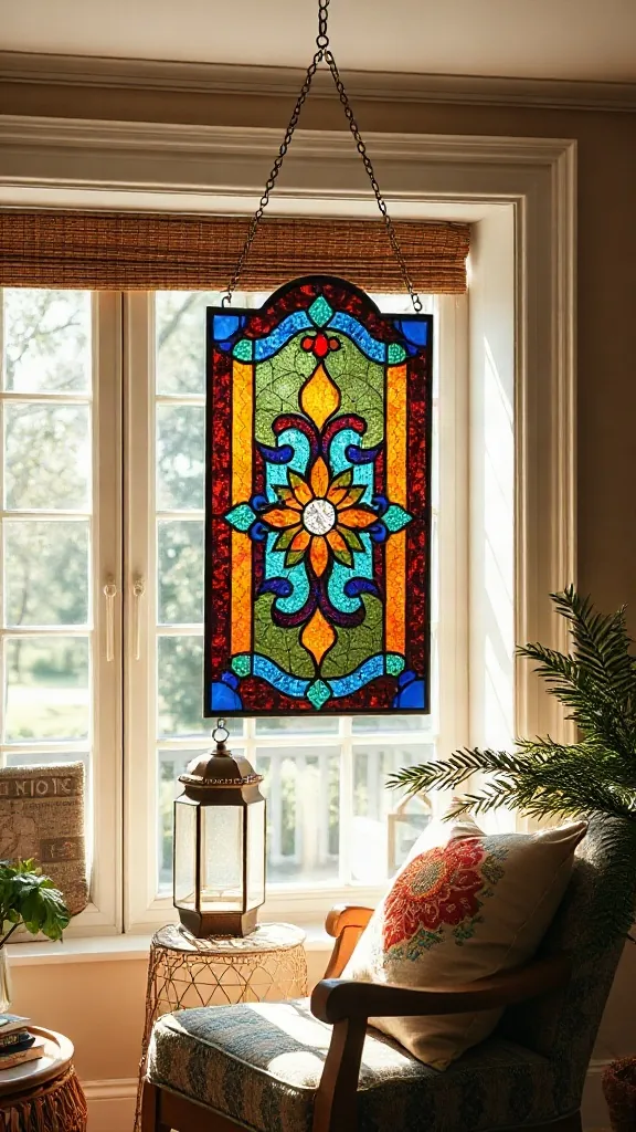 Salvaged stained glass panel hanging in front of a sunny cottage window. - Cozy Cottage Sitting