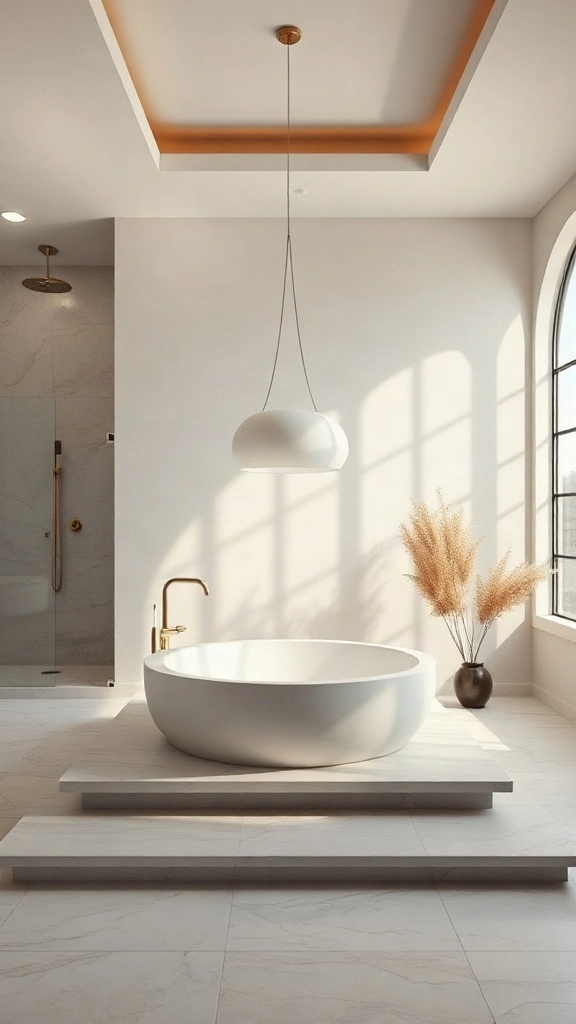 Master bathroom layout with a raised platform soaking tub anchoring the room on a stepped stage. - Master Bathroom Layouts