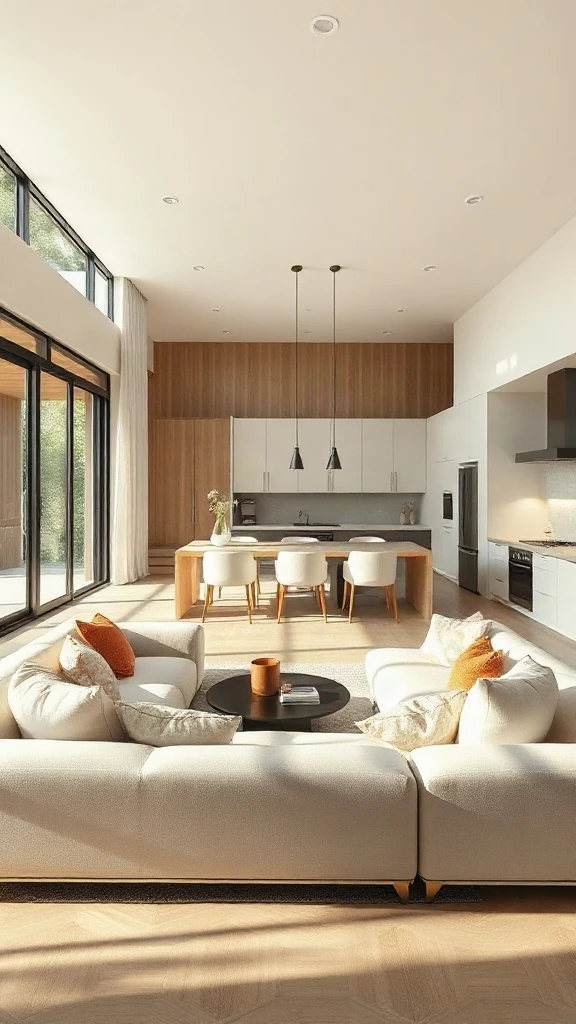 Sunken conversation pit living room overlooking a modern oak and white kitchen.