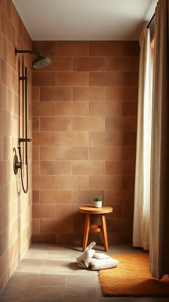Sweet Home 3D Web App Earth-toned bathroom with terracotta tiles and teakwood stool built in online bath design tool