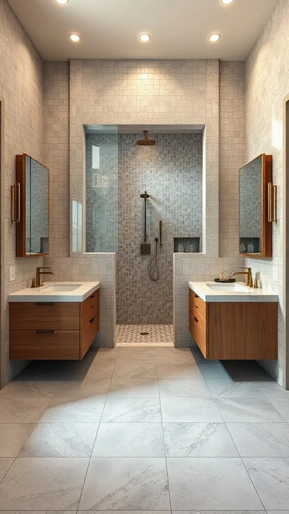 Symmetrical T-wall master bathroom layout with a central tiled accent partition and twin oak vanities. - Master Bathroom Layouts