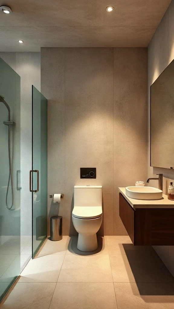 T-shaped architectural partition wall hiding a toilet layout on one side and shower on other. - Modern Water Closet Floor Plan Layout - Modern Toilet Floor Plan Layout - Small Toilet Andamp; Water Closet Floor Plan Layout Ideas