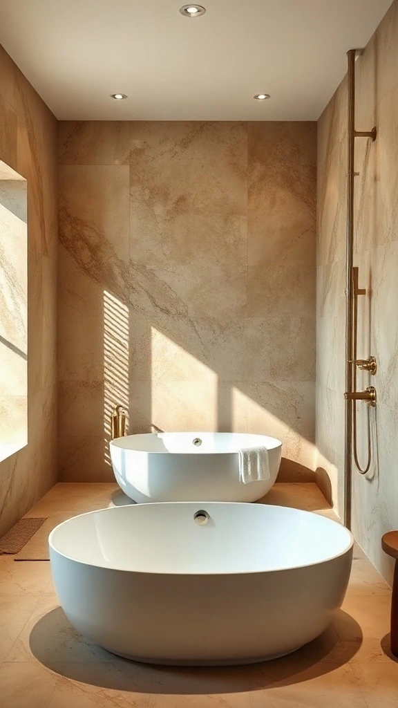 Rectangular master bathroom layout with an oval soaking tub arranged tandem to a curbless walk-in shower.
