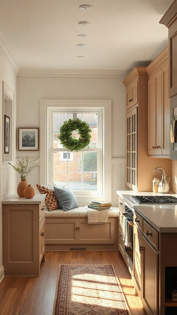 Off-set cottage kitchen with taupe cabinets and built-in window seat reading nook.