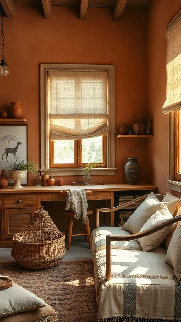 Terracotta studio lounge with rustic oak craft desk and handcrafted pottery shelves.