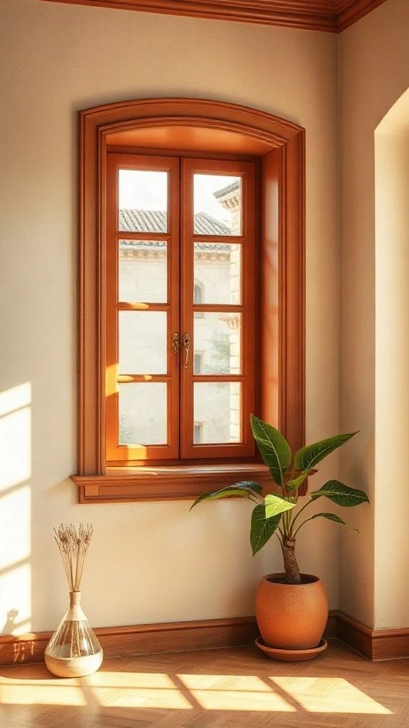Earthy terracotta painted window trim framing natural sunlight against soft plaster walls. - Inviting Home Design