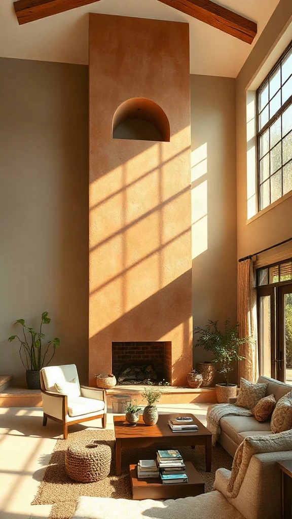 Two story fireplace ideas showing a continuous Venetian plaster tower in terracotta.
