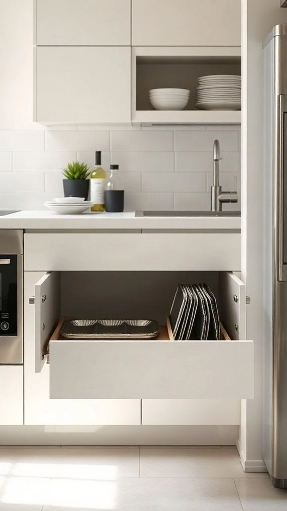 Extended toe-kick plinth drawer beneath base cabinetry storing baking sheets in a compact kitchen. - Studio Apartment Kitchen