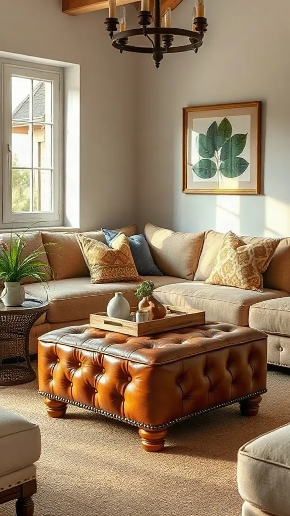 Cognac tufted leather ottoman functioning as a central coffee table. - Cozy Cottage Sitting