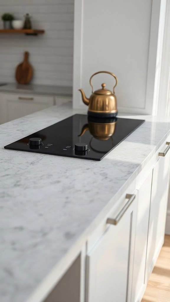 Black glass two-burner induction cooktop flush mounted into grey quartzite counters in a tiny studio kitchen. - Studio Apartment Kitchen