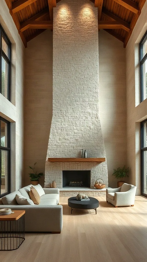 Two story fireplace ideas featuring a towering 20-foot split-face cream limestone chimney wall.