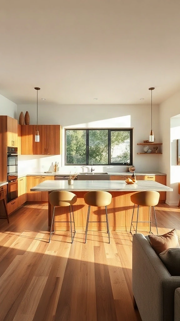 U-shaped kitchen with walnut cabinets and low-profile breakfast bar peninsula.