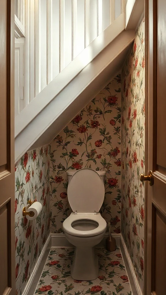 Tiny powder room toilet layout built under a sloped staircase with compact porcelain commode. - Modern Water Closet Floor Plan Layout - Modern Toilet Floor Plan Layout - Small Toilet Andamp; Water Closet Floor Plan Layout Ideas