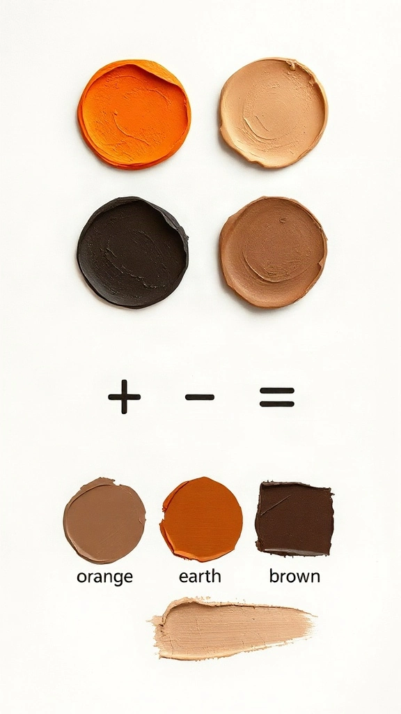 Minimalist color mixing formula infographic on textured white paper showing impasto paint swatches.