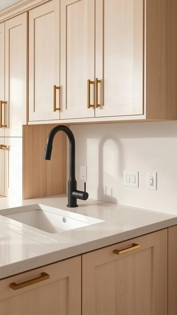 Flat-panel white oak kitchen cabinetry fitted with unlacquered brass hardware.