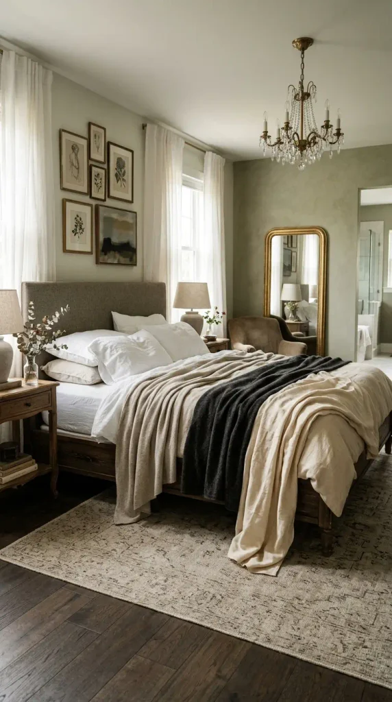 Layered cashmere throw blankets in soft neutral tones draped across a cozy bed in a romantic master bedroom.