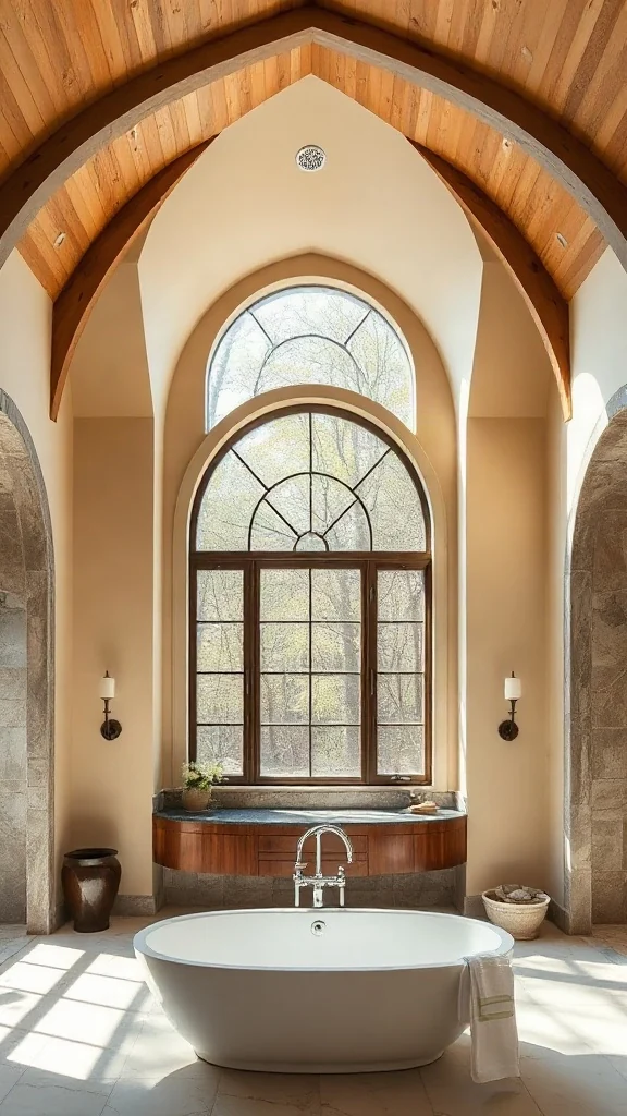 Vaulted ceiling master bathroom layout with a dramatic arched window over a soaking tub. - Master Bathroom Layouts