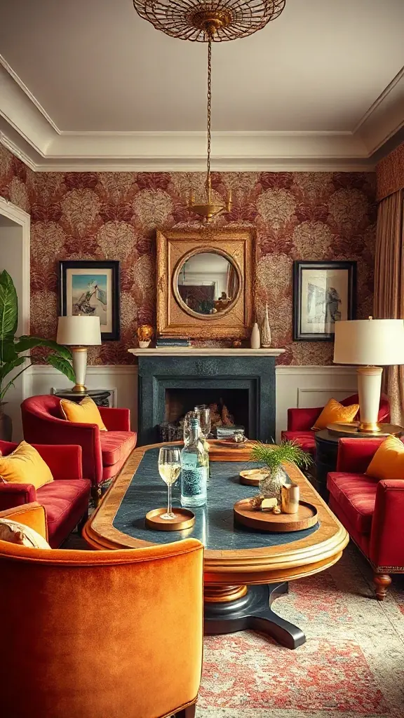 Jewel-toned velvet armchairs surrounding a custom game table with brass chandelier.