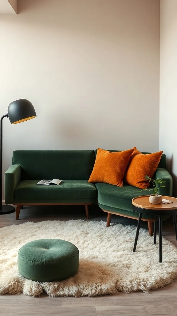 Moss green velvet low-profile sofa on cream wool rug in a cozy spare room lounge.